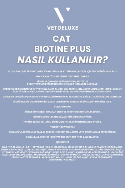 Biotine Çinko Katkılı Likit Kedi Tüy Dökümesi Engelleyici Deri ve Tüy Sağlığı Damlası 100 Ml