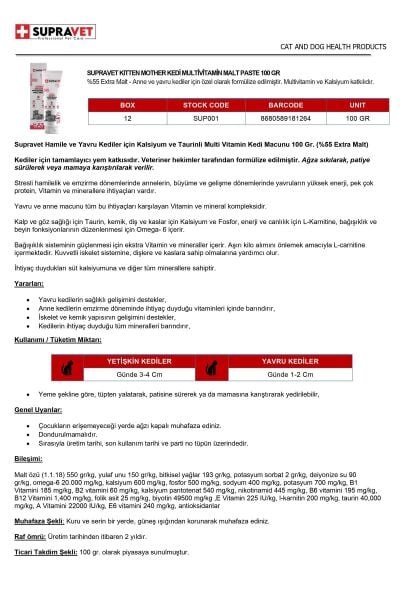 Hamile Ve Yavru Kediler Için Kalsiyum Ve Taurinli Multi Vitamin Kedi Macunu 100 Gr. (%57 Extra Malt)