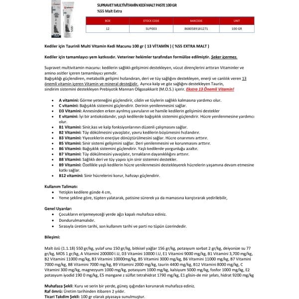 Kediler Için Taurinli Multi Vitamin Kedi Macunu 100 gr ( %55 Extra Malt )