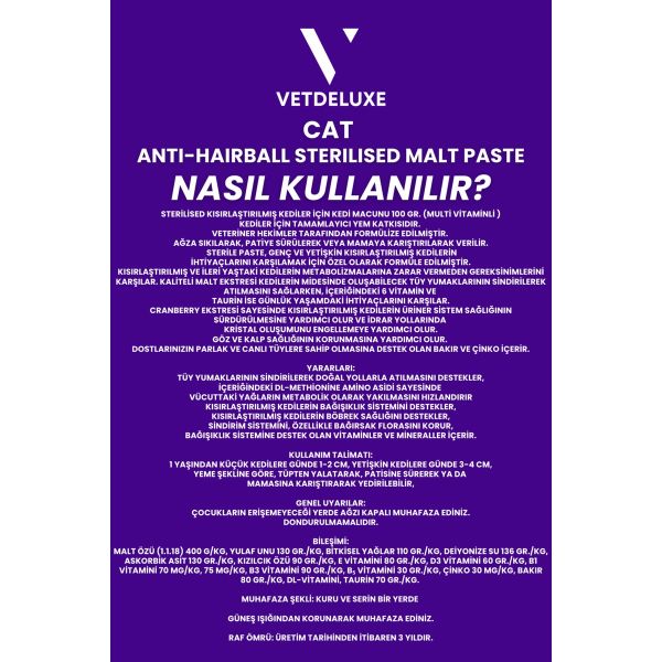 Sterilised Adult Cat Malte Paste Kısır Kediler Için Tüy Yumağı Önleyici Kedi Malt Macunu 100 gr
