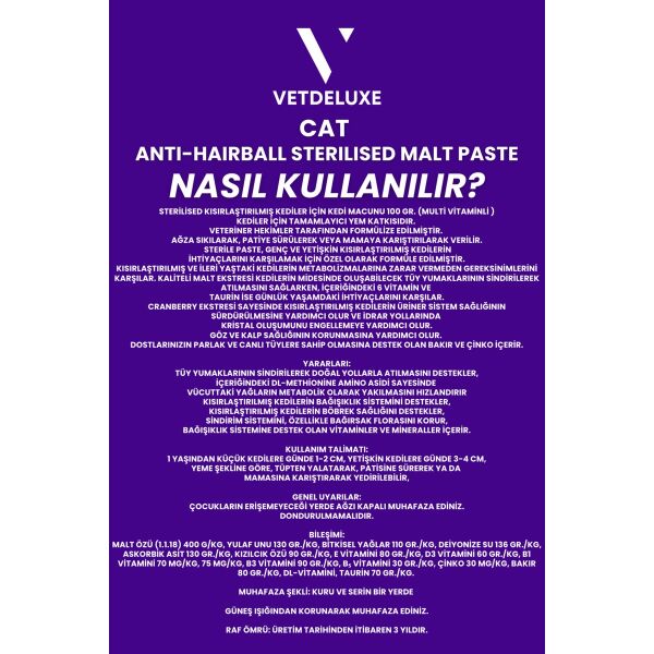 Sterilised Adult Cat Malte Paste Kısır Kediler Için Tüy Yumağı Önleyici Kedi Malt Macunu 100 gr