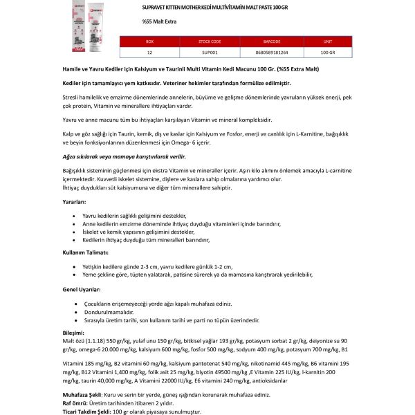 Hamile ve Yavru Kediler Için Kalsiyum ve Taurinli Multi Vitamin Kedi Macunu 100 Gr. (%57 Extra Malt)