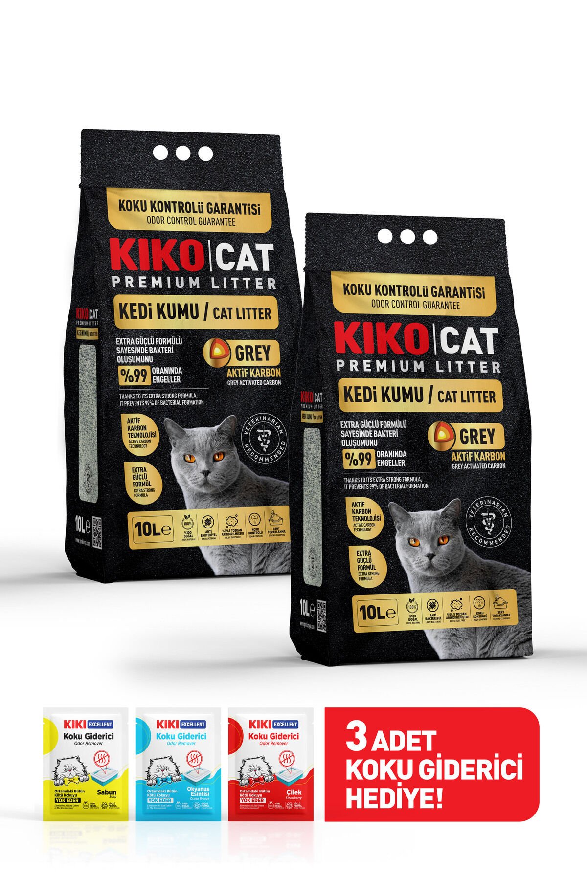 GREY AKTİF KARBON PREMIUM BENTONİT KEDİ KUMU - (İKİLİ PAKET) 10Lx2 - KOKU GİDERİCİ HEDİYELİ