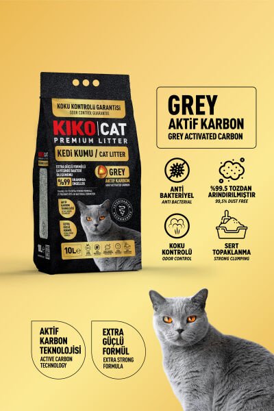 GREY AKTİF KARBON PREMIUM BENTONİT KEDİ KUMU - (İKİLİ PAKET) 10Lx2 - KOKU GİDERİCİ HEDİYELİ