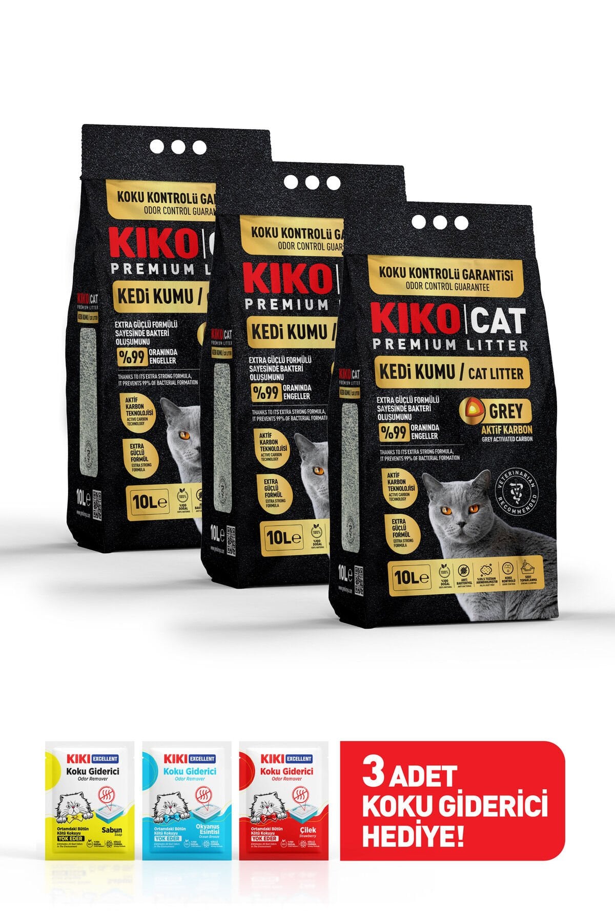 GREY AKTİF KARBON PREMIUM BENTONİT KEDİ KUMU - (ÜÇLÜ PAKET) 10Lx3 - KOKU GİDERİCİ HEDİYELİ