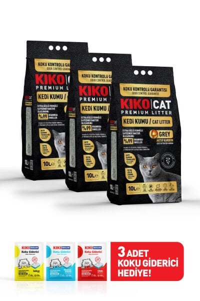 GREY AKTİF KARBON PREMIUM BENTONİT KEDİ KUMU - (ÜÇLÜ PAKET) 10Lx3 - KOKU GİDERİCİ HEDİYELİ
