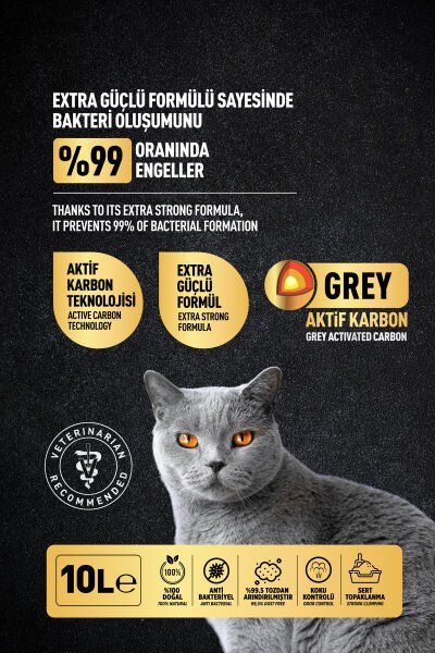GREY AKTİF KARBON PREMIUM BENTONİT KEDİ KUMU - (ÜÇLÜ PAKET) 10Lx3 - KOKU GİDERİCİ HEDİYELİ