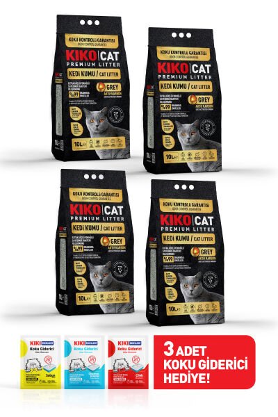 GREY AKTİF KARBON PREMIUM BENTONİT KEDİ KUMU - (DÖRTLÜ PAKET) 10Lx4 - KOKU GİDERİCİ HEDİYELİ