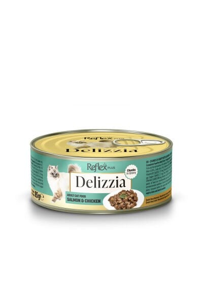 Plus Delizzia / Sos İçinde Parça Etli Somonlu & Tavuklu Yetişkin Kedi Maması 85g