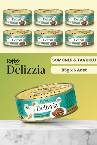 Plus Delizzia / Sos İçinde Parça Etli Somonlu & Tavuklu Yetişkin Kedi Maması 85g x 6 Adet
