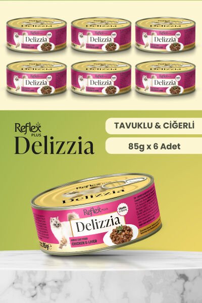 Plus Delizzia / Sos İçinde Parça Etli Tavuklu & Ciğerli Yetişkin Kedi Maması 85g x 6 Adet