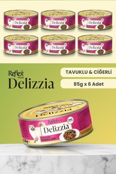 Plus Delizzia / Sos İçinde Parça Etli Tavuklu & Ciğerli Yetişkin Kedi Maması 85g x 6 Adet