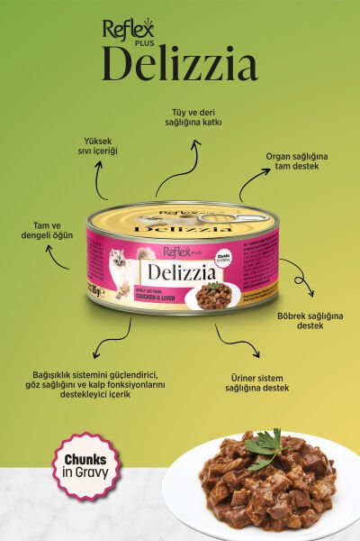 Plus Delizzia / Sos İçinde Parça Etli Tavuklu & Ciğerli Yetişkin Kedi Maması 85g x 6 Adet