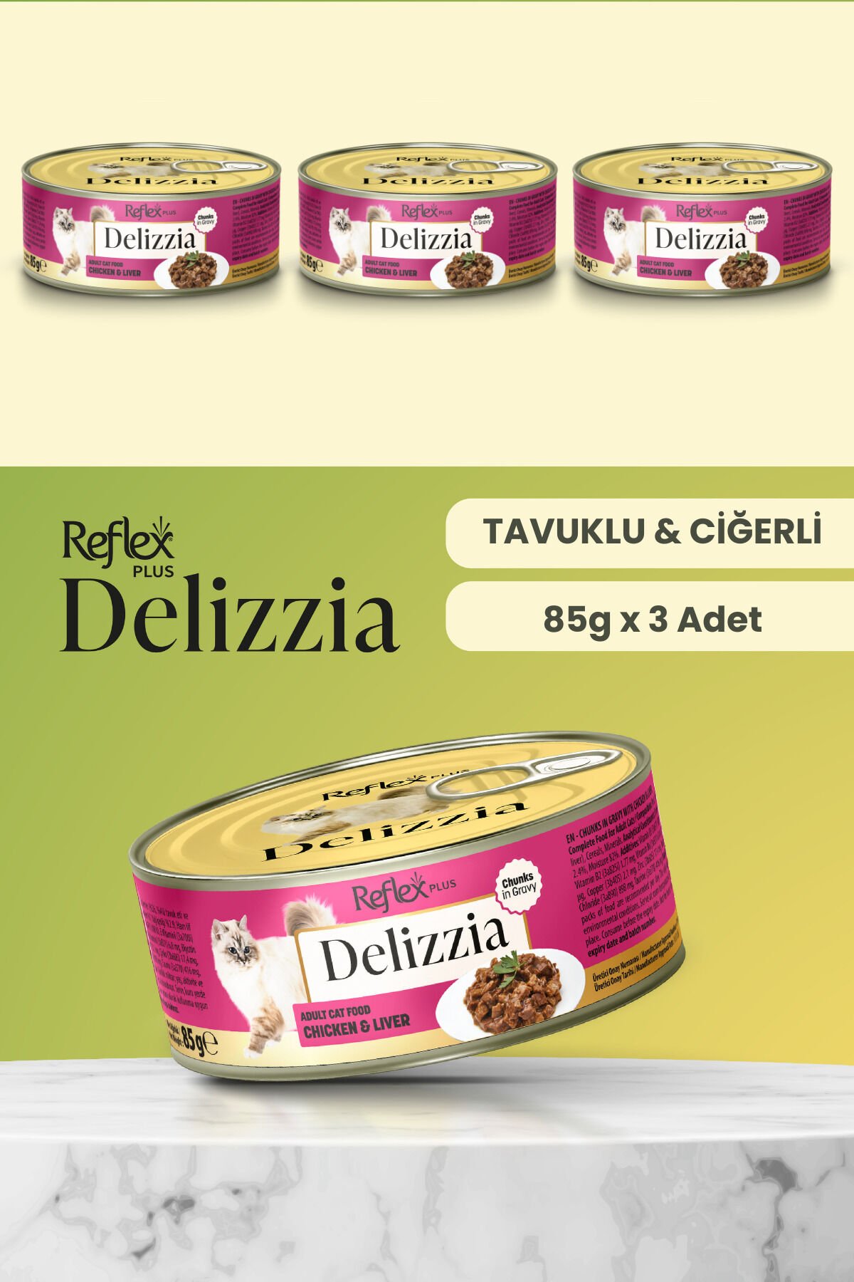 Plus Delizzia / Sos İçinde Parça Etli Tavuklu & Ciğerli Yetişkin Kedi Maması 85g x 3 Adet