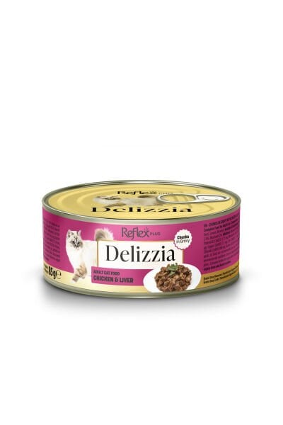 Plus Delizzia / Sos İçinde Parça Etli Tavuklu & Ciğerli Yetişkin Kedi Maması 85g x 3 Adet