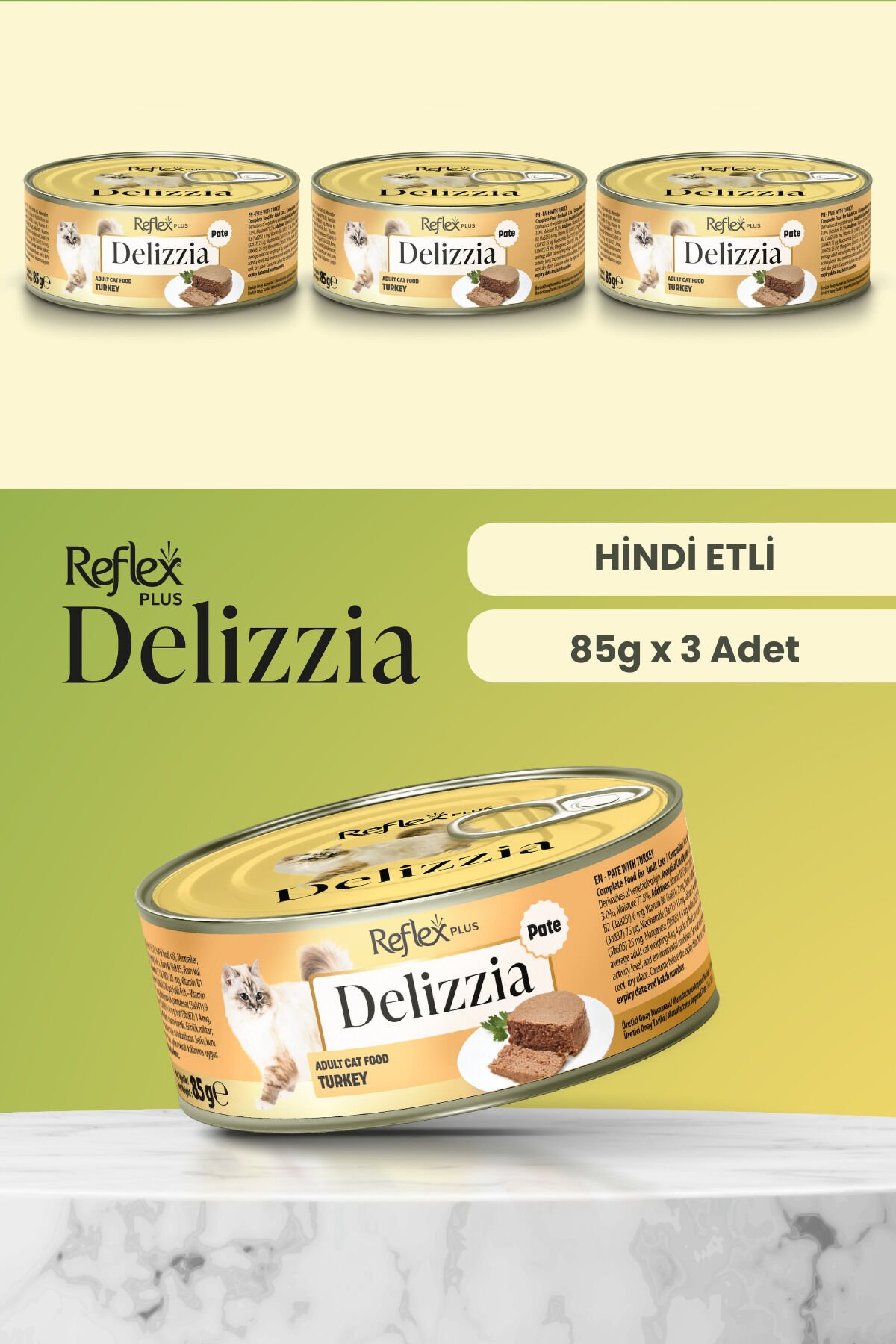 Plus Delizzia / Kıyılmış Hindi Etli Yetişkin Kedi Maması 85g x 3 Adet