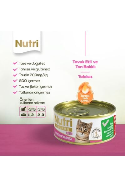 Yavru Kediler İçin Tavuk Etli ve Ton Balıklı 85gr Tahılsız Kitten Yaş Maması