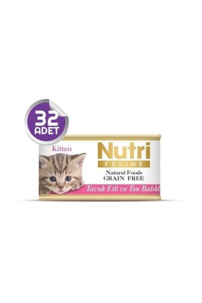 Yavru Kediler İçin Tavuk Etli ve Ton Balıklı 32 Adet 85gr Tahılsız Kitten Yaş Maması